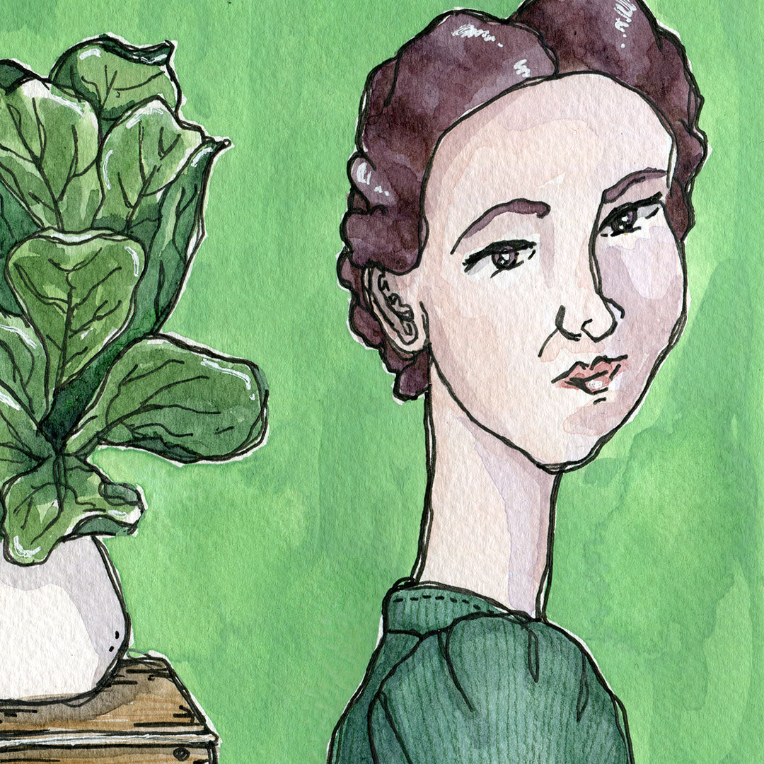 Close up detail of Norma portrait, vintage brunette woman on green painting in watercolor, gouache and ink from Joan and Rose 